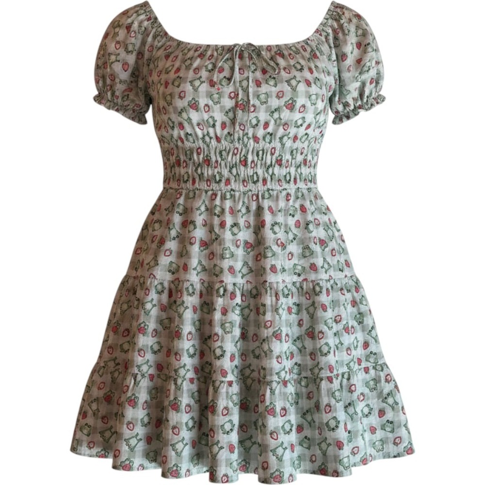 Hot Topic Frog Strawberry Gingham Mini Dress Green White Cotton Large